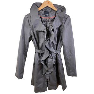 Cynthia Rowley Womens Trench Coat Small Gray Ruffled Polyester Zip Up Knee Lengt